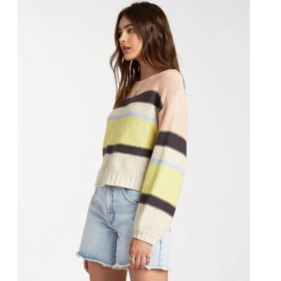 BILLABONG Seeing Stripes Sweater Crop Pink Lemongrass Sz M - Picture 15 of 15